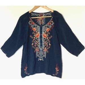 New Johnny Was Navy Floral Embroidered Cupra Rayon Boho Olivia Blouse Top